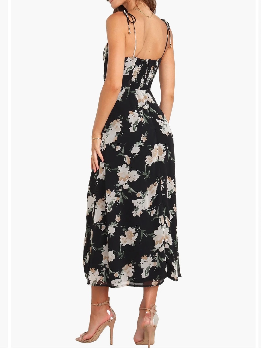 Petal & Pup Meg Bustier Black Midi Dress with Cream Floral Print - Picture 2 of 15